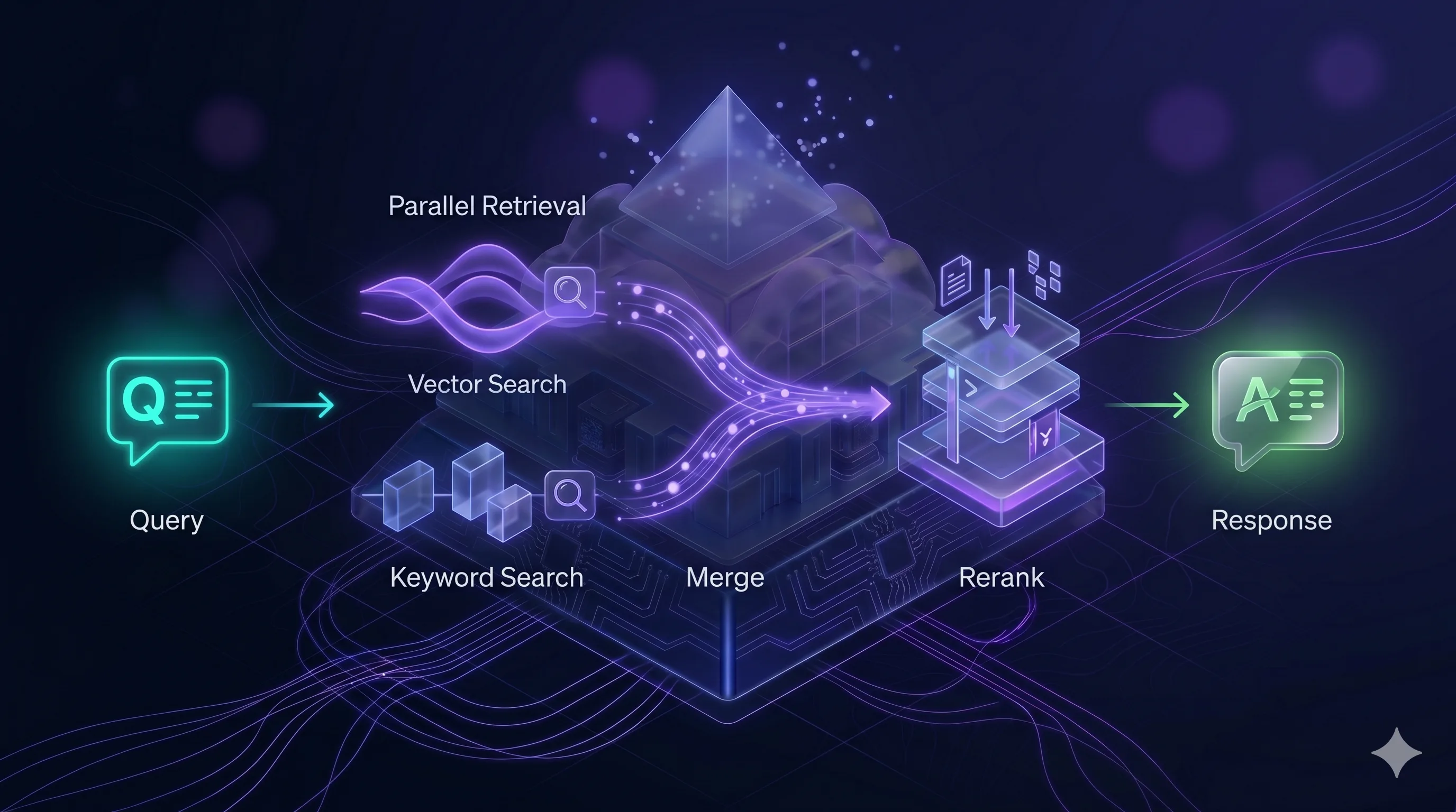 Hybrid retrieval pipeline: zapytanie użytkownika trafia równolegle do wyszukiwania wektorowego i słów kluczowych, wyniki są łączone i przechodzą przez reranker przed trafieniem do modelu.